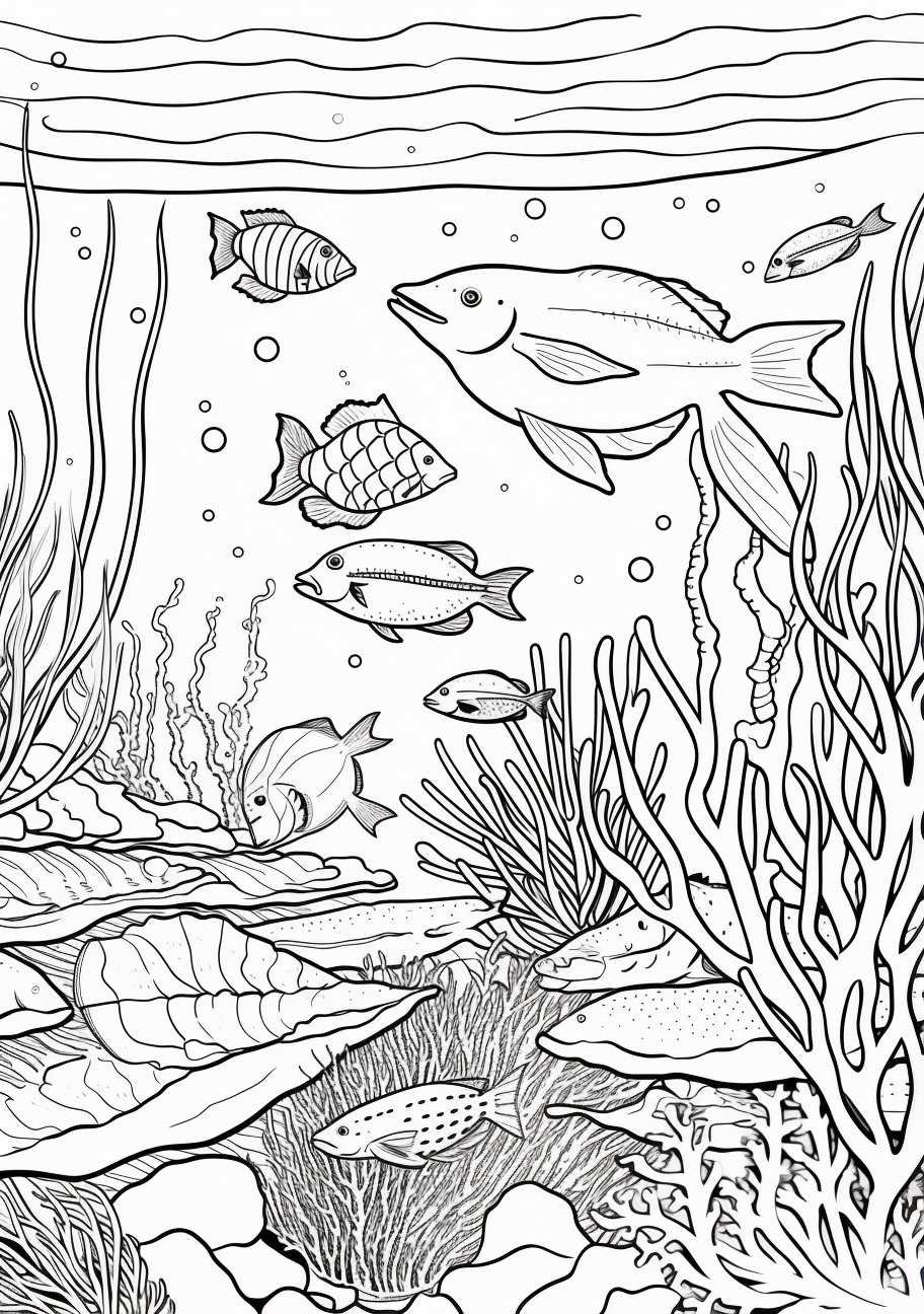 A spectrum of aquatic flora and fauna amidst sprawling coral outcrops; simple lines and bold shapes. printable coloring page, black and white, free download