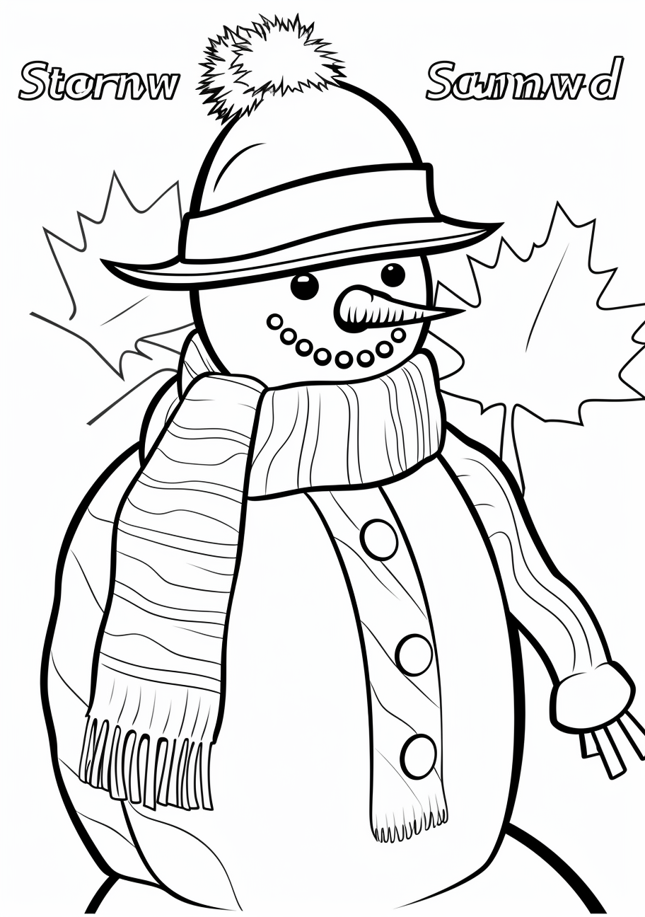 Joyful snowman dressed for the holiday season with a Santa hat and scarf; detailed designs and bold lines.printable coloring page, black and white, free download