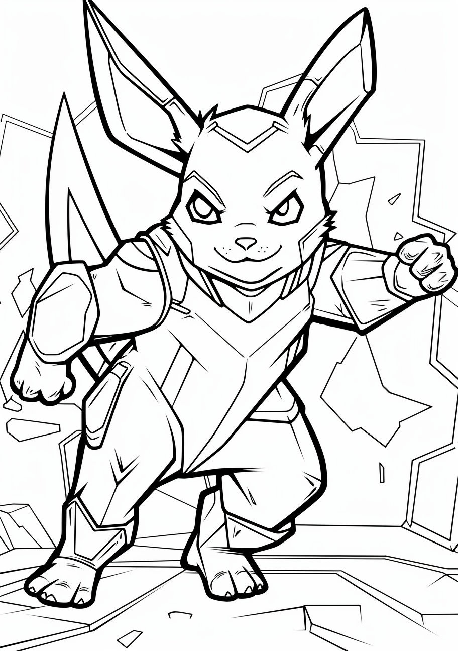 Pikachu in an active scene; minimal outlining with a focus on motion. printable coloring page, black and white, free download
