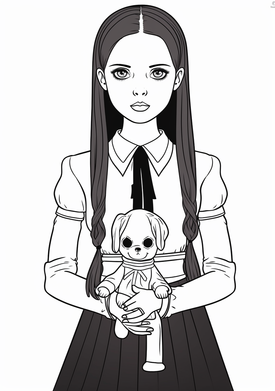 Wednesday Addams depicted with her eerie-looking doll; fine lines and shapes. printable coloring page, black and white, free download