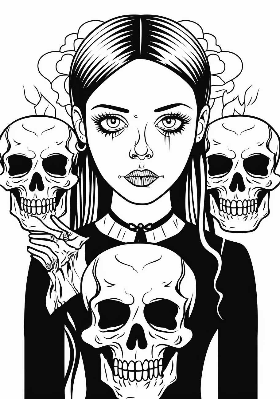 A playful interaction between Wednesday Addams and a skull; clean and simple line art. printable coloring page, black and white, free download