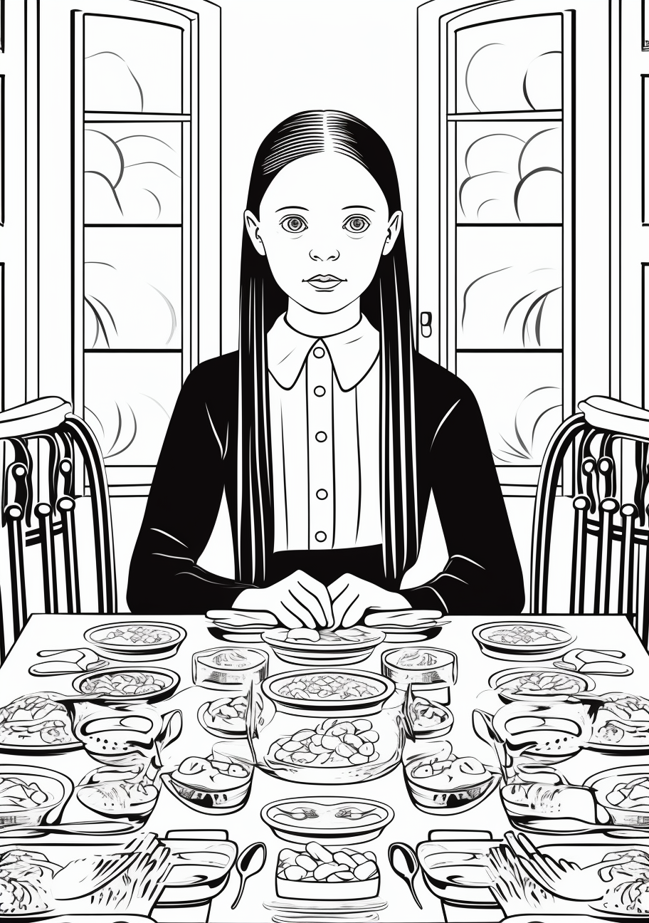 Wednesday Addams in a room full of ancestor portraits; multitude of detailed frames. printable coloring page, black and white, free download