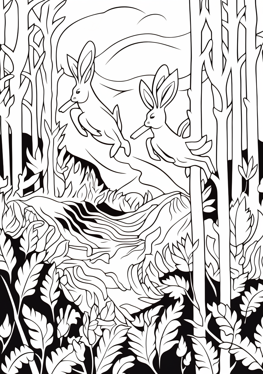 Jumping rabbits against a backdrop of forest trees; notable for bold and dynamic lines.printable coloring page, black and white, free download