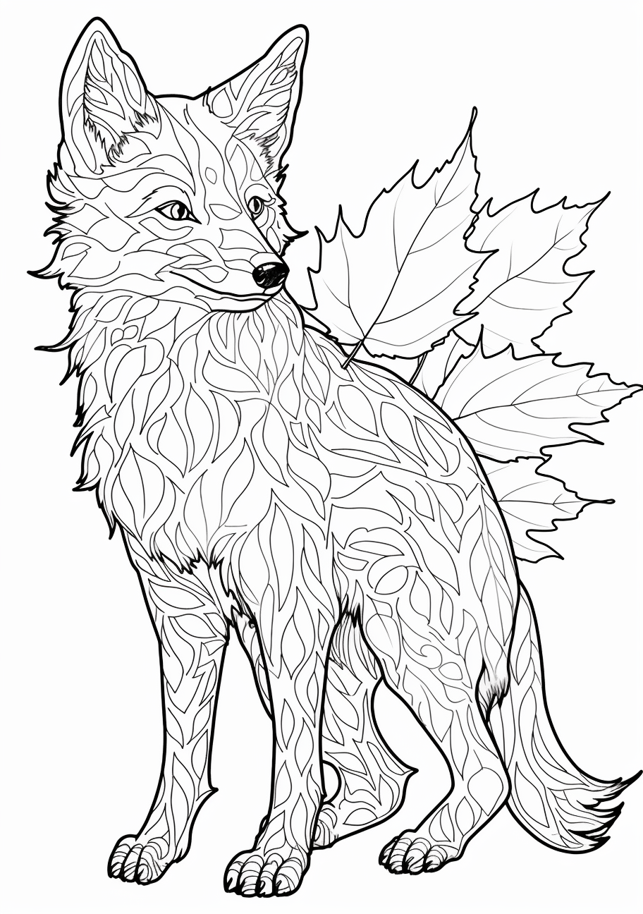 Fox image filled with woodland patterns; detailed visuals that enrich the overall design.printable coloring page, black and white, free download