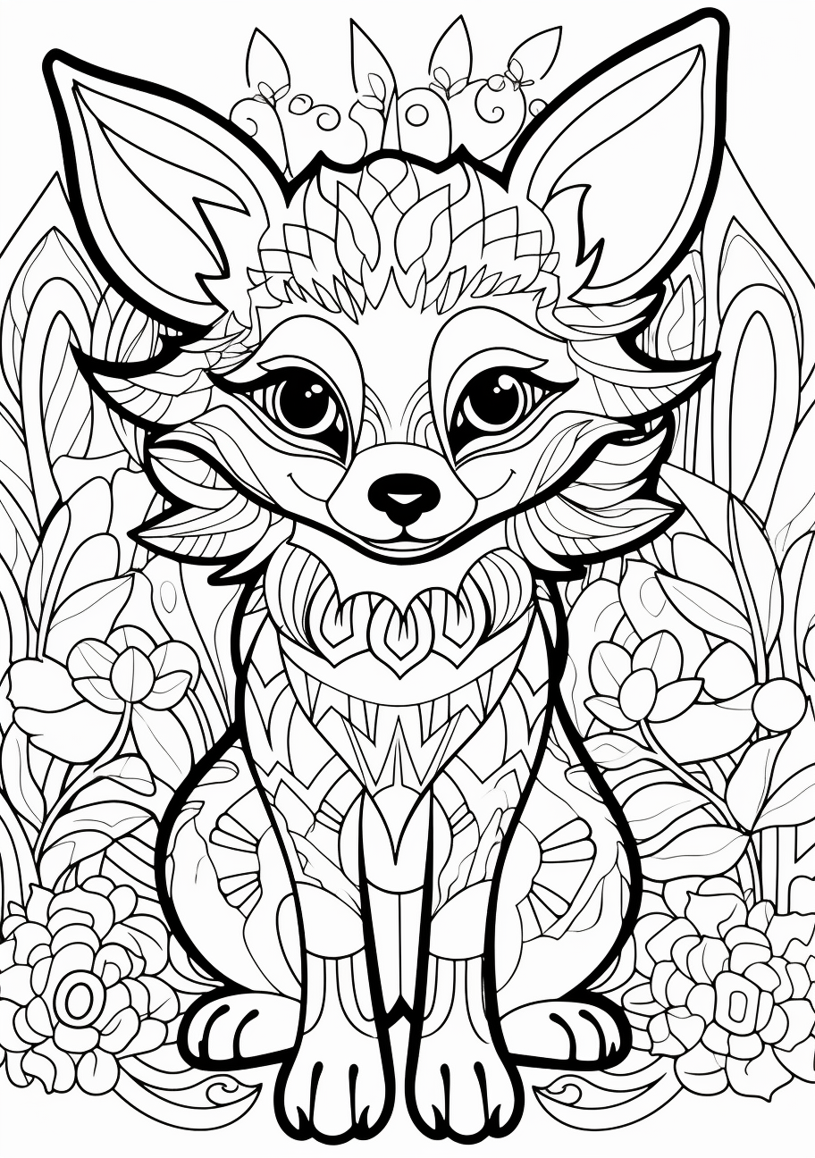 Line art of Eevee and its evolutionary versions; bold, simple shapes. printable coloring page, black and white, free download