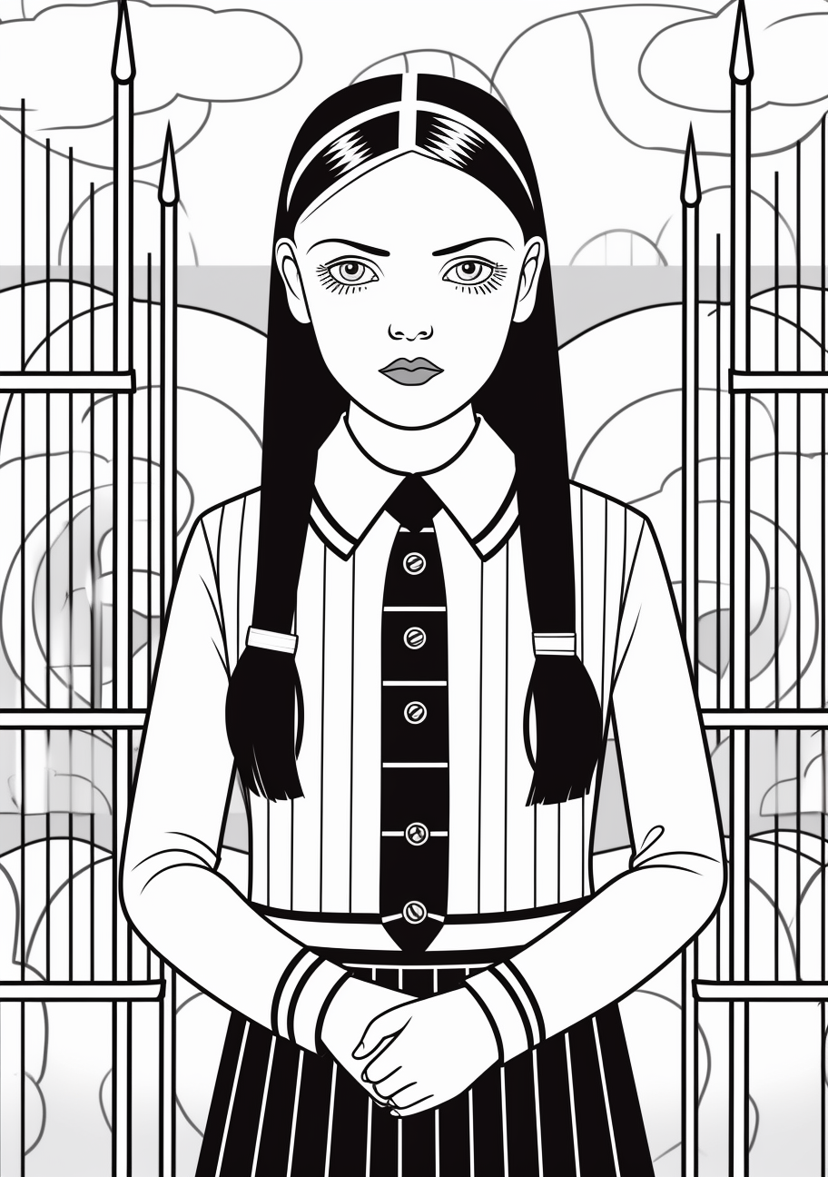 Wednesday Addams with a spider web backdrop; emphasis on the intricate pattern. printable coloring page, black and white, free download