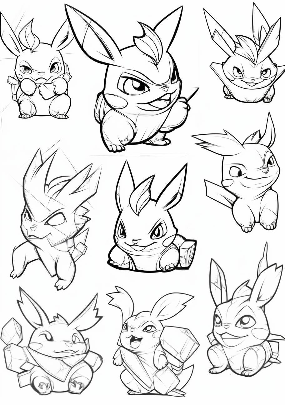 Pikachu in different environments; focus on contours and fundamentals shapes. printable coloring page, black and white, free download