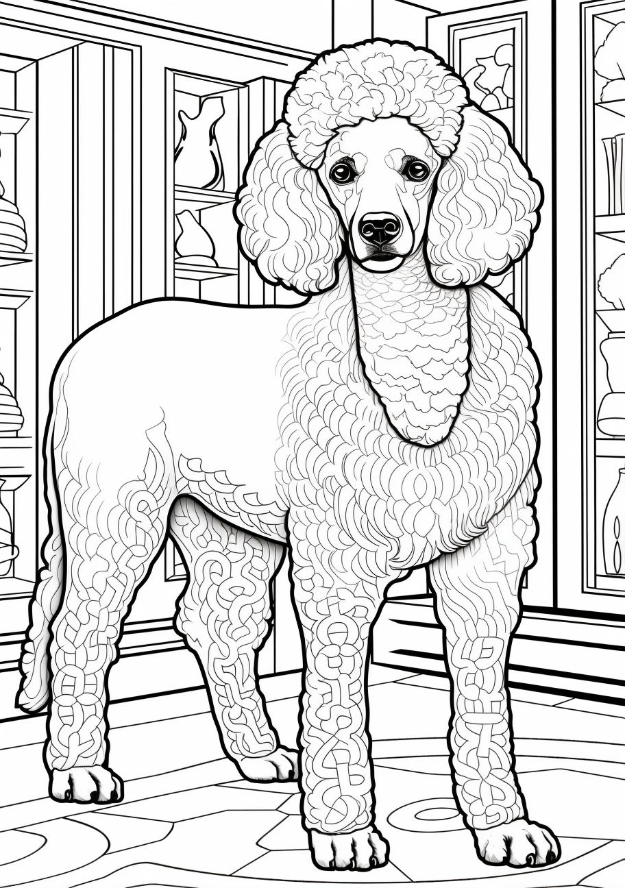 Artistic rendering of a Poodle with high realism; detailed fur textures printable coloring page, black and white, free download