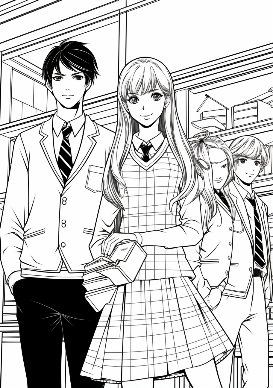 Notable anime characters in a school setup; elaborate hairstyles and distinct school uniform details