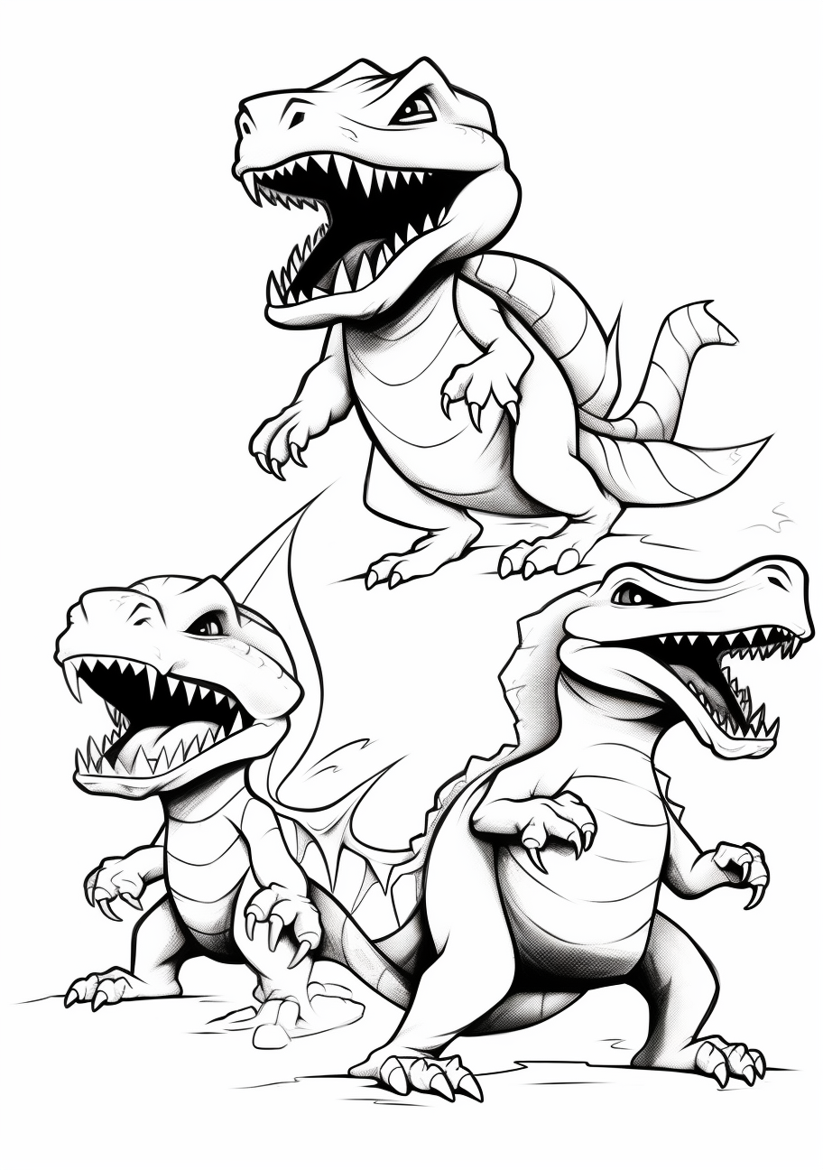 Charmander's evolutionary journey into Charmeleon and Charizard; bold lines highlighting flame details. printable coloring page, black and white, free download
