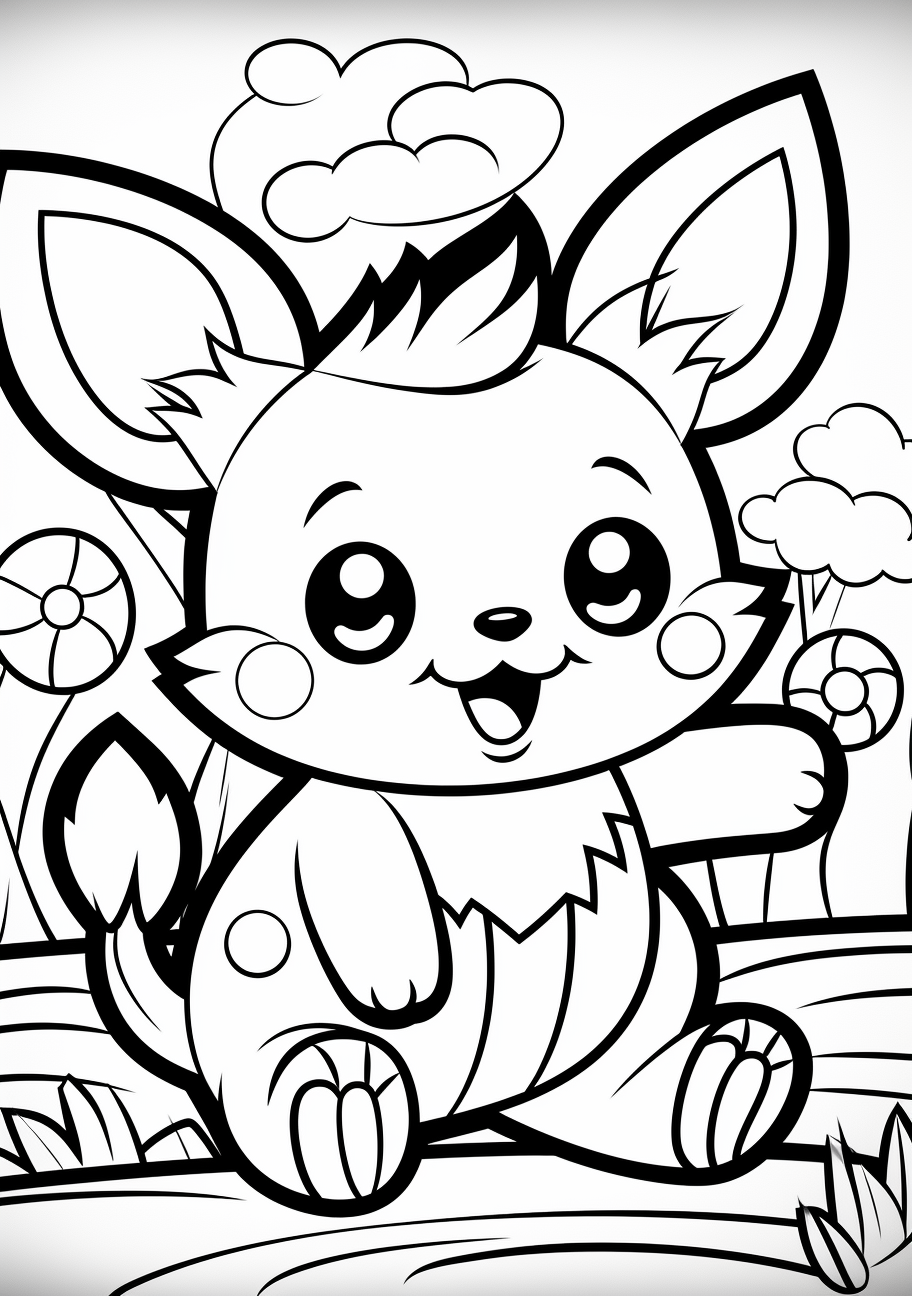 Pikachu in an expressive pose; easily distinguishable shapes and lines. printable coloring page, black and white, free download