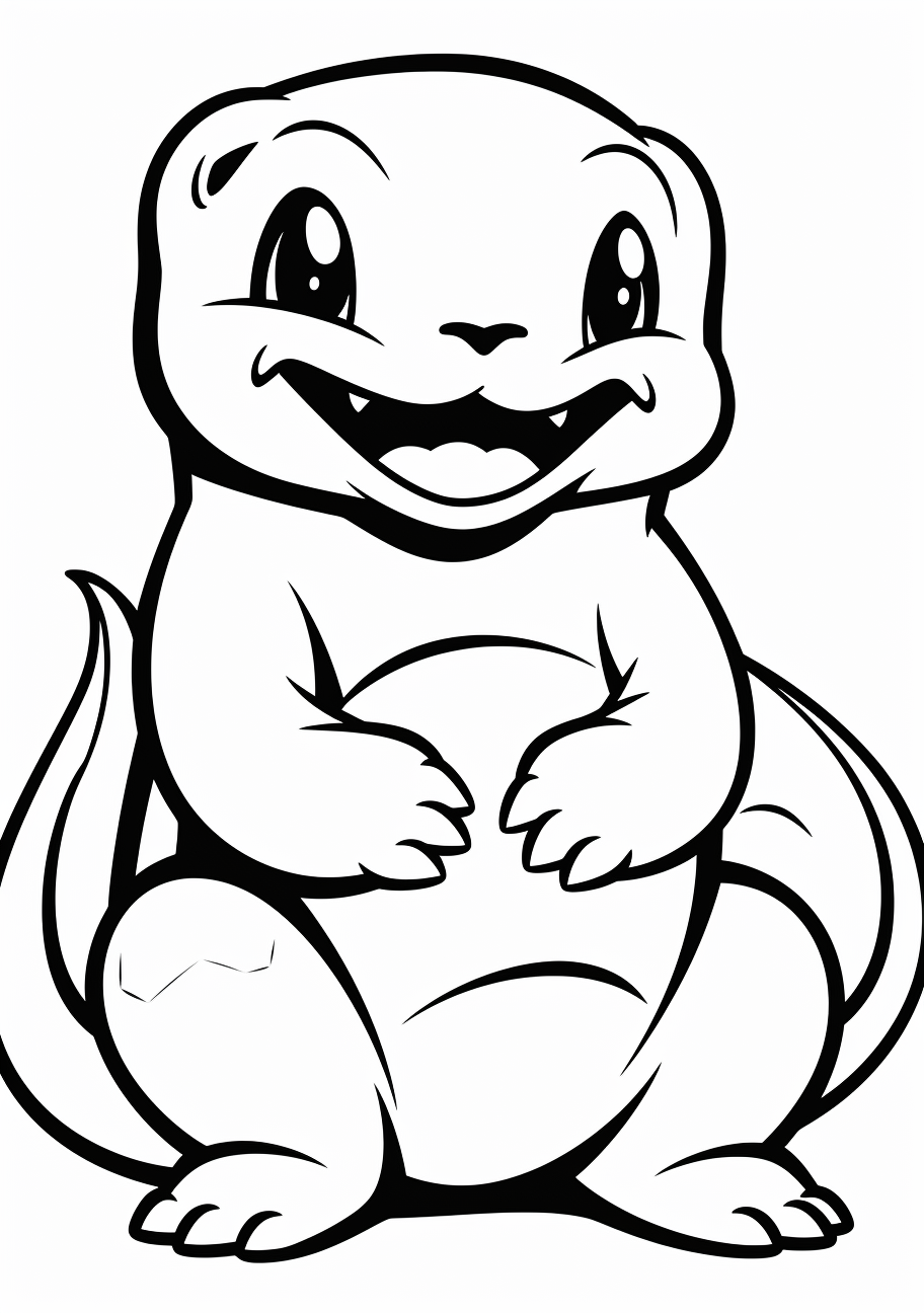 Depiction of Charmander, a Pokemon, with a humorous expression; clean, thick lines. printable coloring page, black and white, free download
