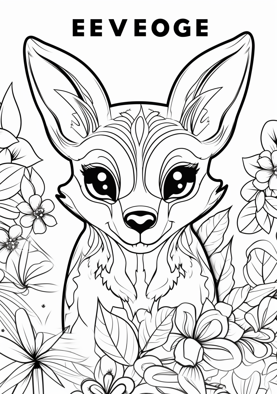 Sketch of Eevee with its different evolutions; clean lines and shapes. printable coloring page, black and white, free download