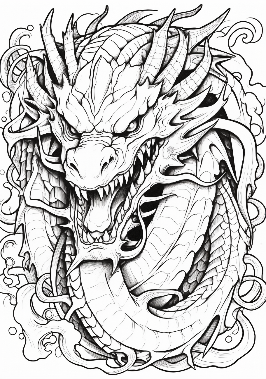 A furious dragon in fire; filled with ornate lines and patterns.printable coloring page, black and white, free download