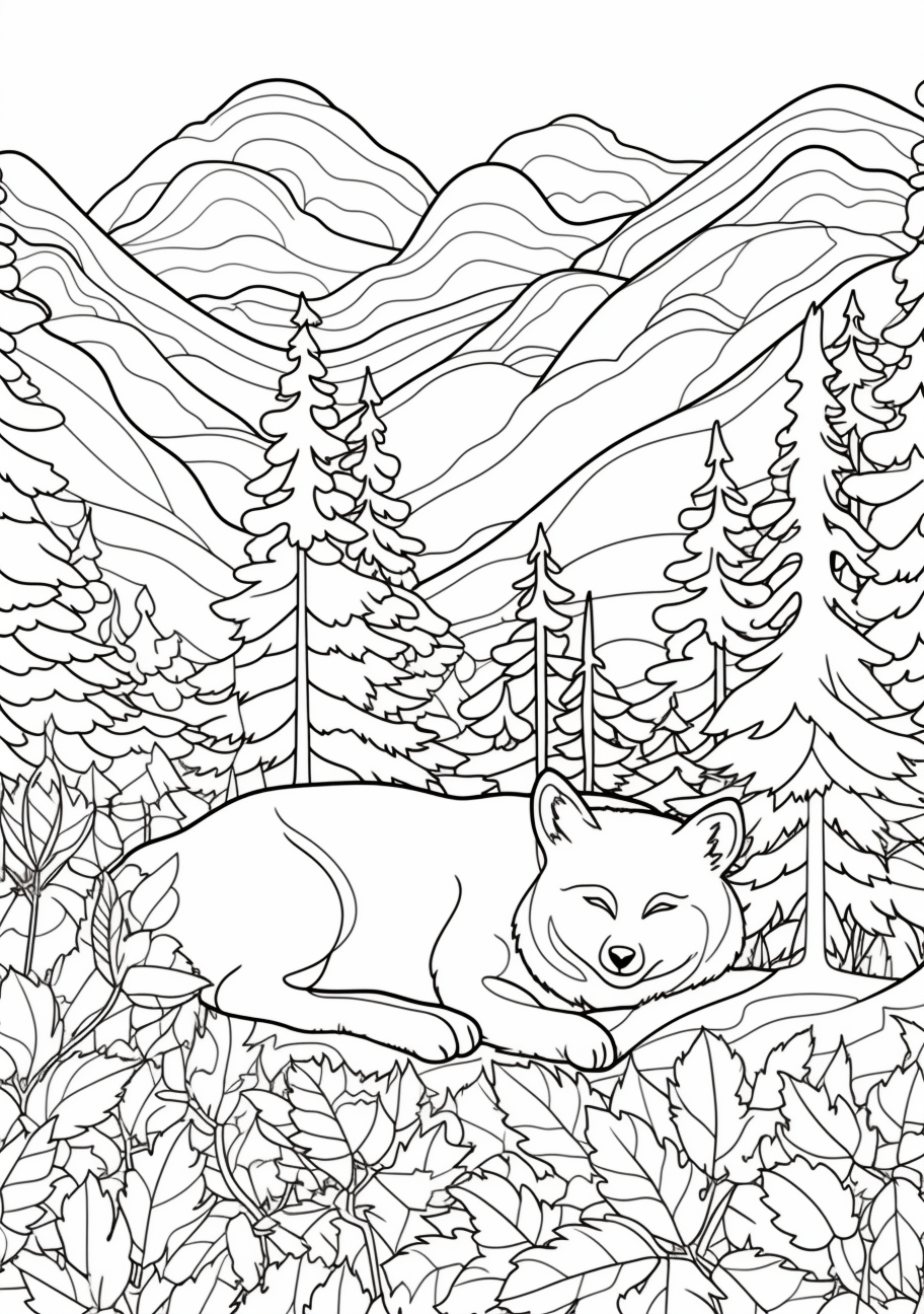 Depiction of a snoozing fox within the quiet forest; clean lines with subtle shading.printable coloring page, black and white, free download