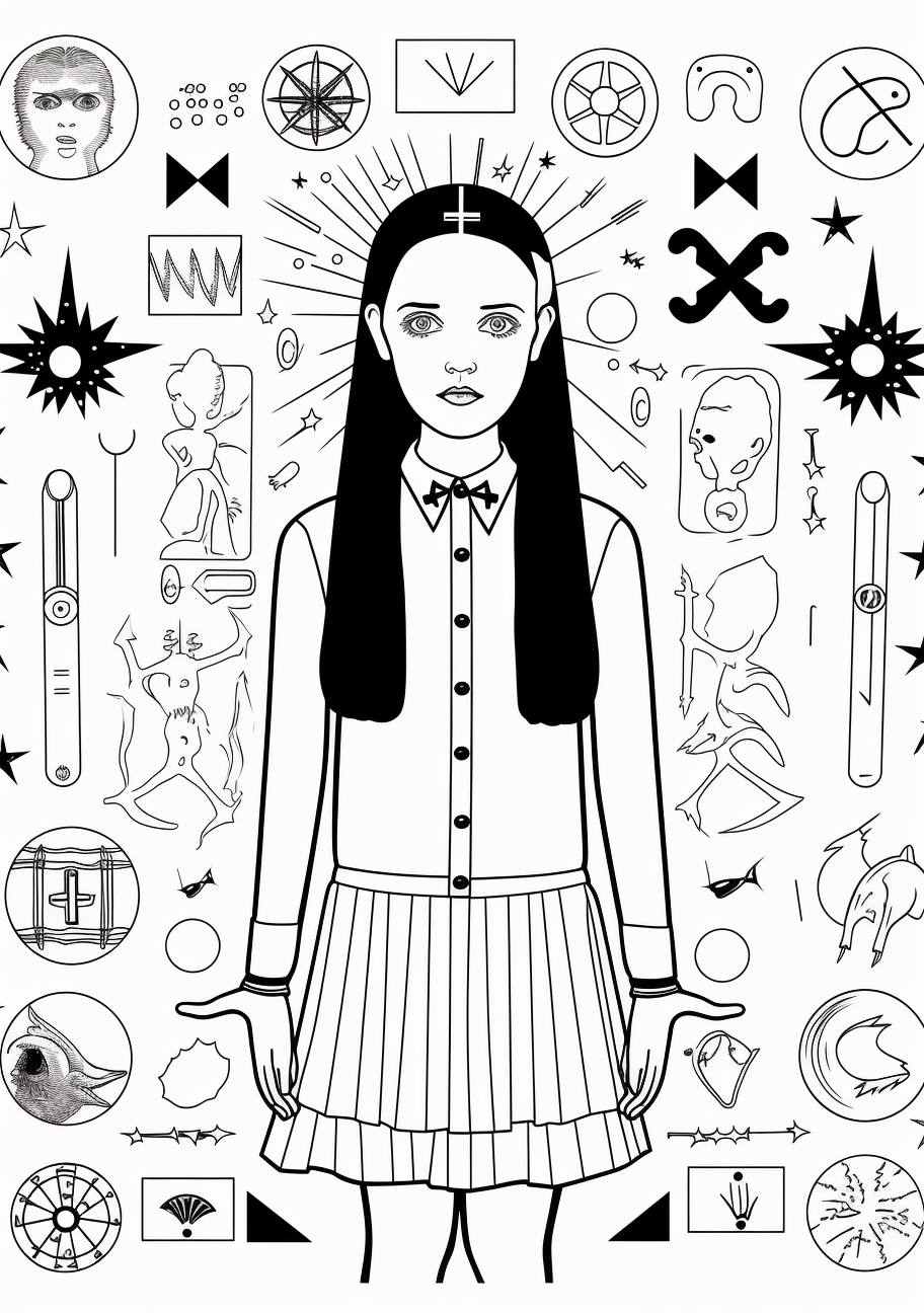 Full-length image of Wednesday Addams; standing near a cauldron, surrounded by magical artifacts and intricate designs. printable coloring page, black and white, free download