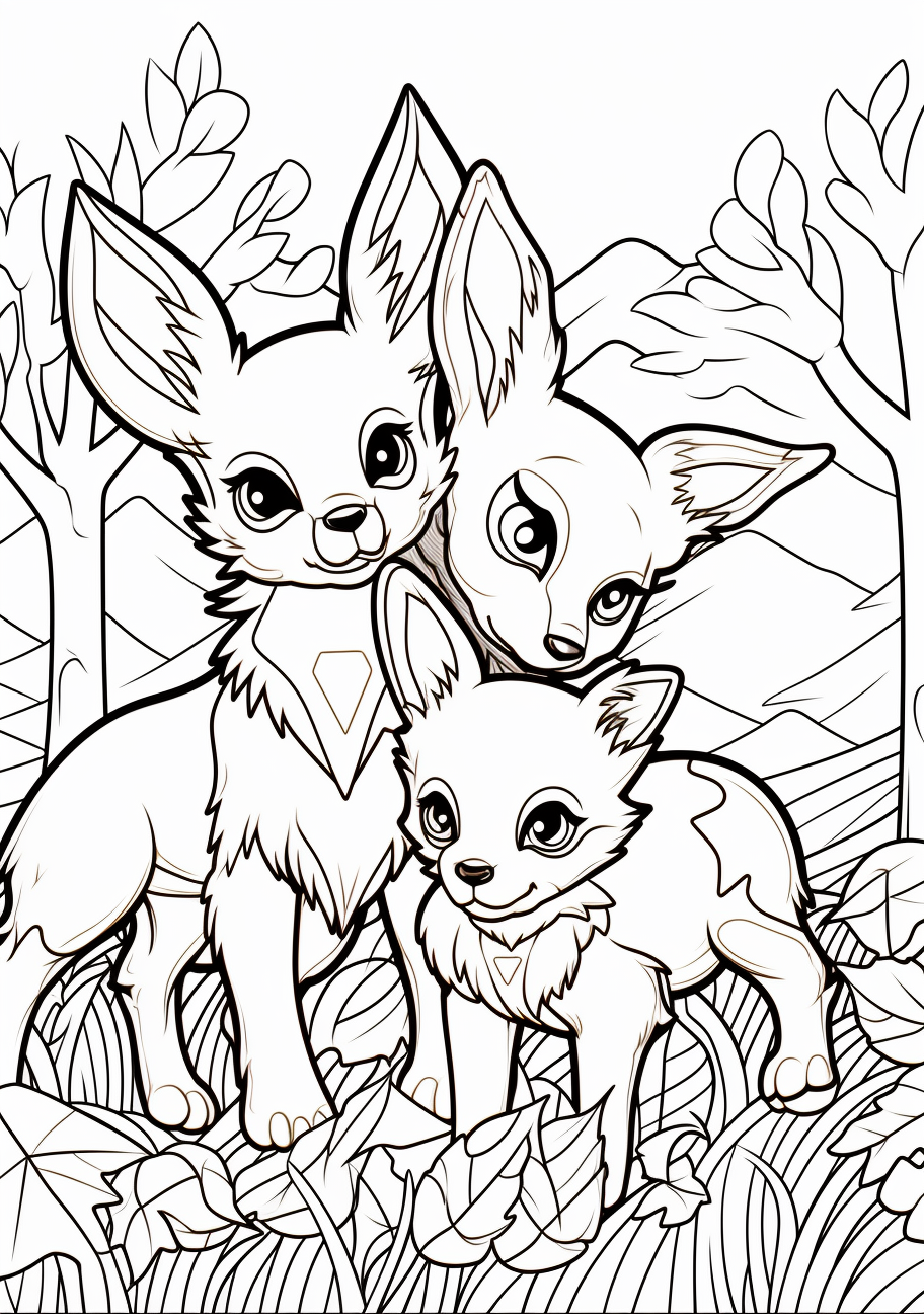 Harmonious display of Pikachu and Eevee interacting; defined lines and balanced shapes. printable coloring page, black and white, free download