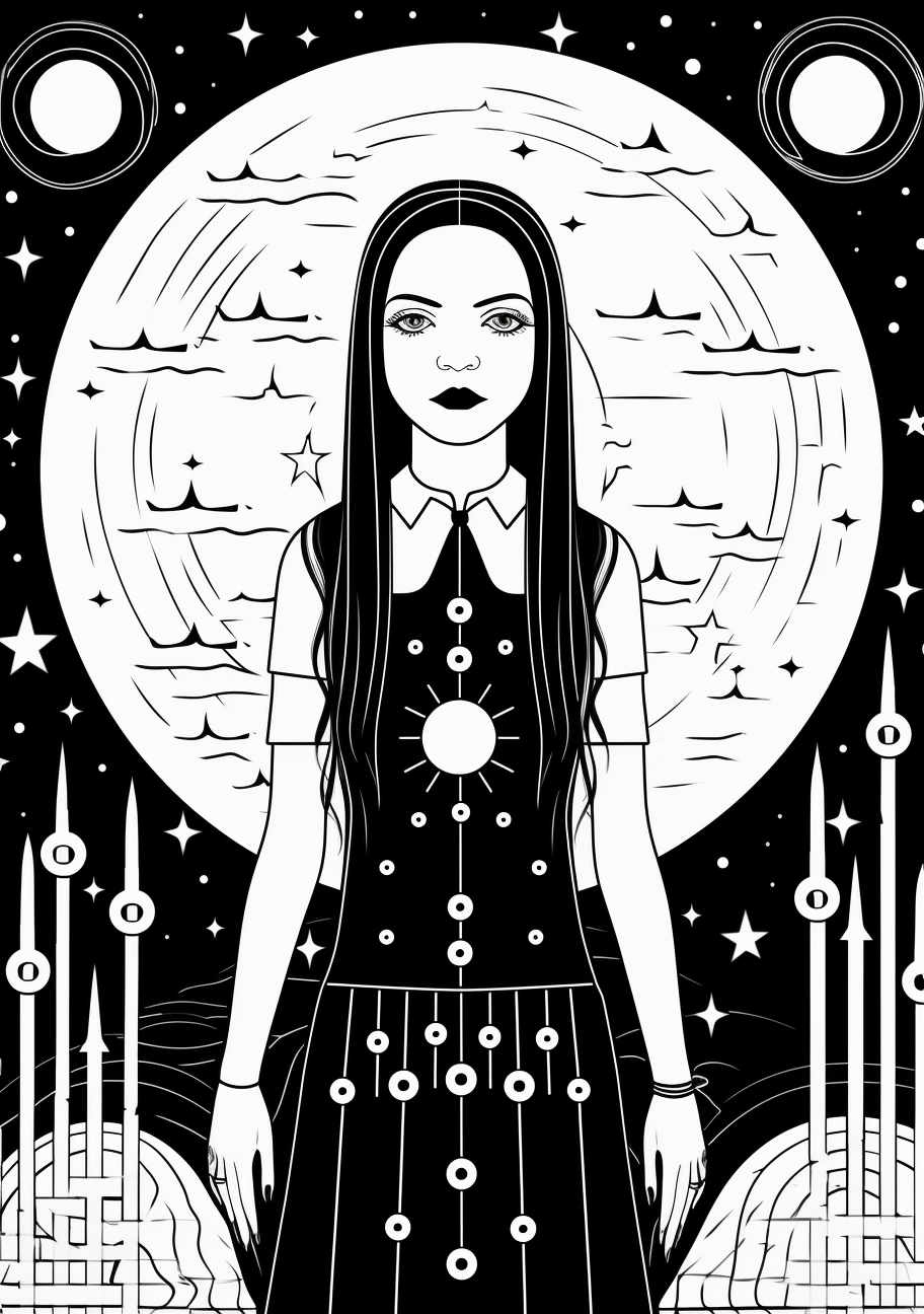 Wednesday Addams beneath the moonlight; contrast of light and shadows, surrounded by stars and mystical signs. printable coloring page, black and white, free download