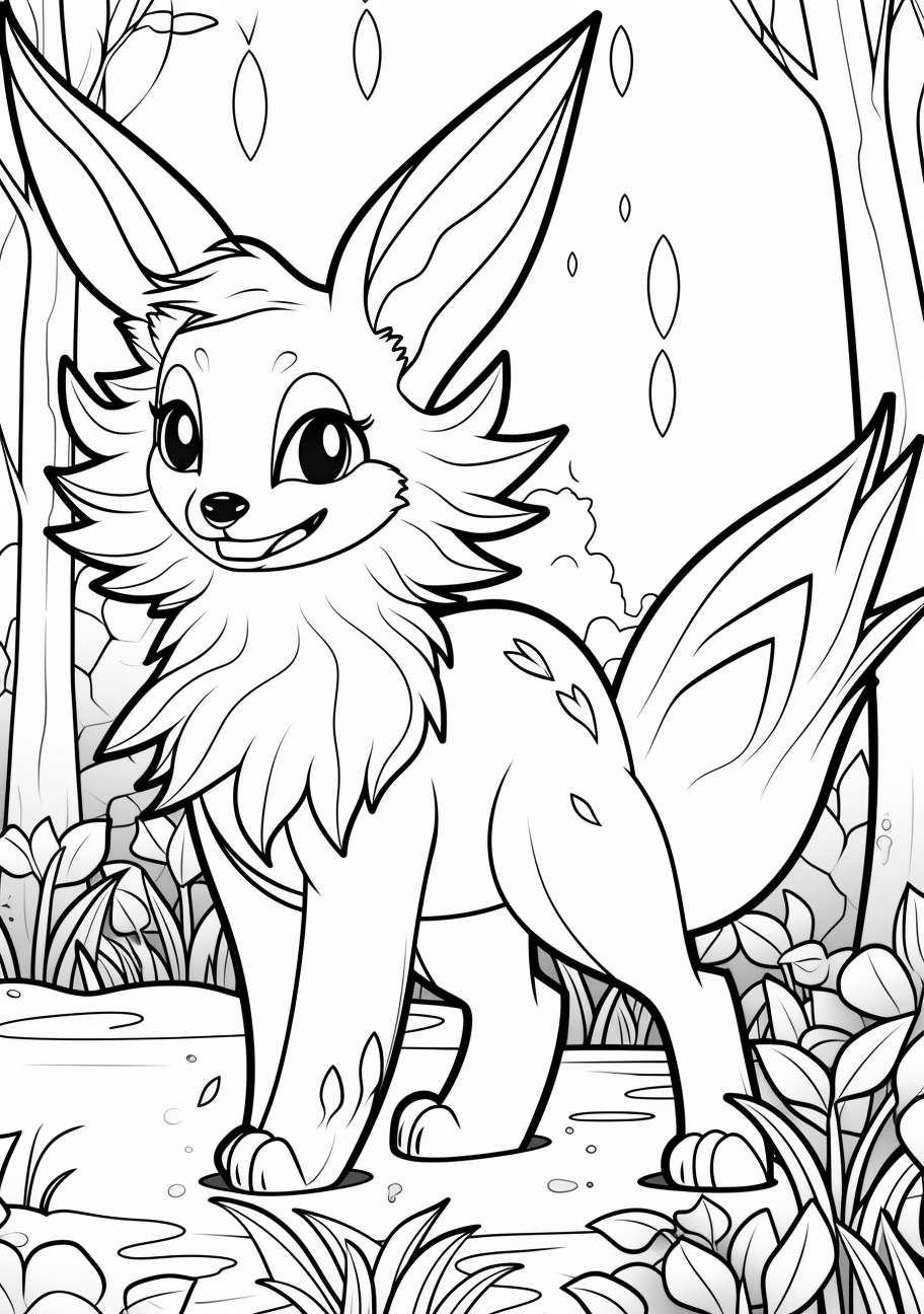 Eevee happily running; dynamic lines and movement. printable coloring page, black and white, free download