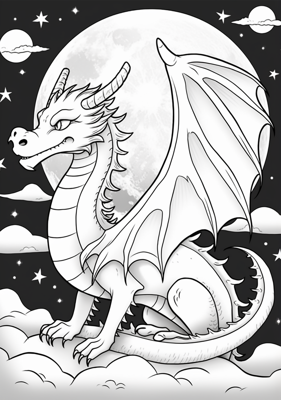Dragon posed beneath a large moon; detailed scales and celestial bodies.printable coloring page, black and white, free download