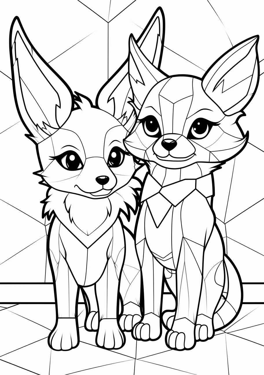 Eevee smiling at Pikachu; bold outlines and simple design. printable coloring page, black and white, free download