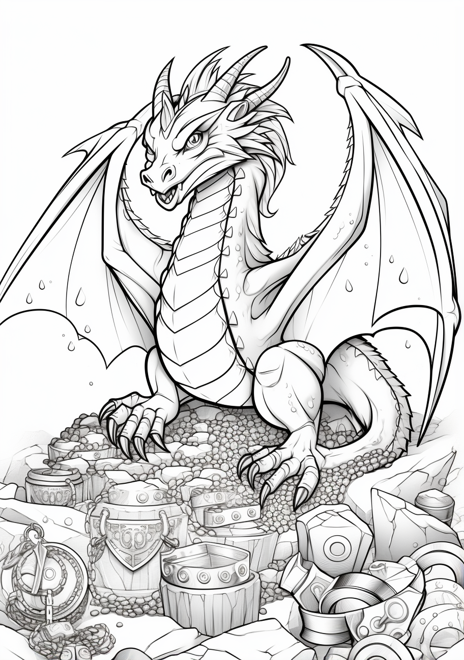 Detailed portrayal of a guardian dragon and its treasure; showing intricate scale and gem patterns.printable coloring page, black and white, free download