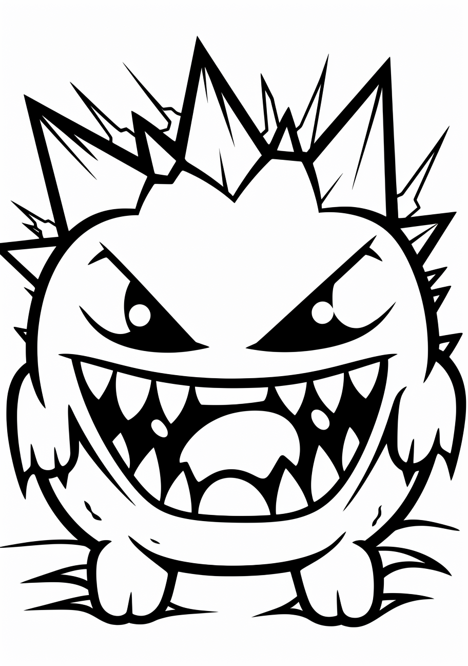 Playful representation of Mega Gengar with simple lines and bold shapes. printable coloring page, black and white, free download