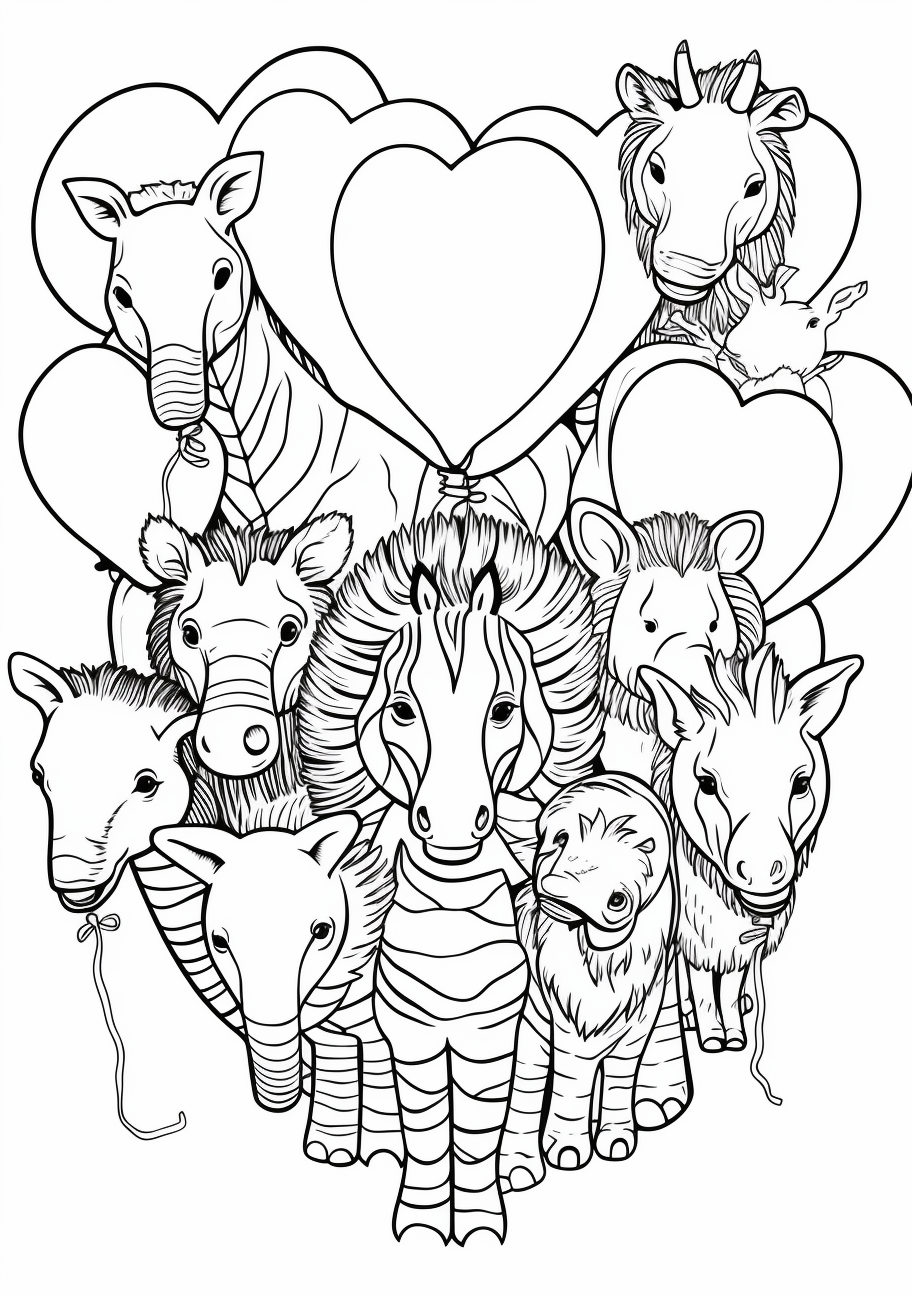 Different animals hugging and holding hands, with love heart symbols; finely sketched.printable coloring page, black and white, free download