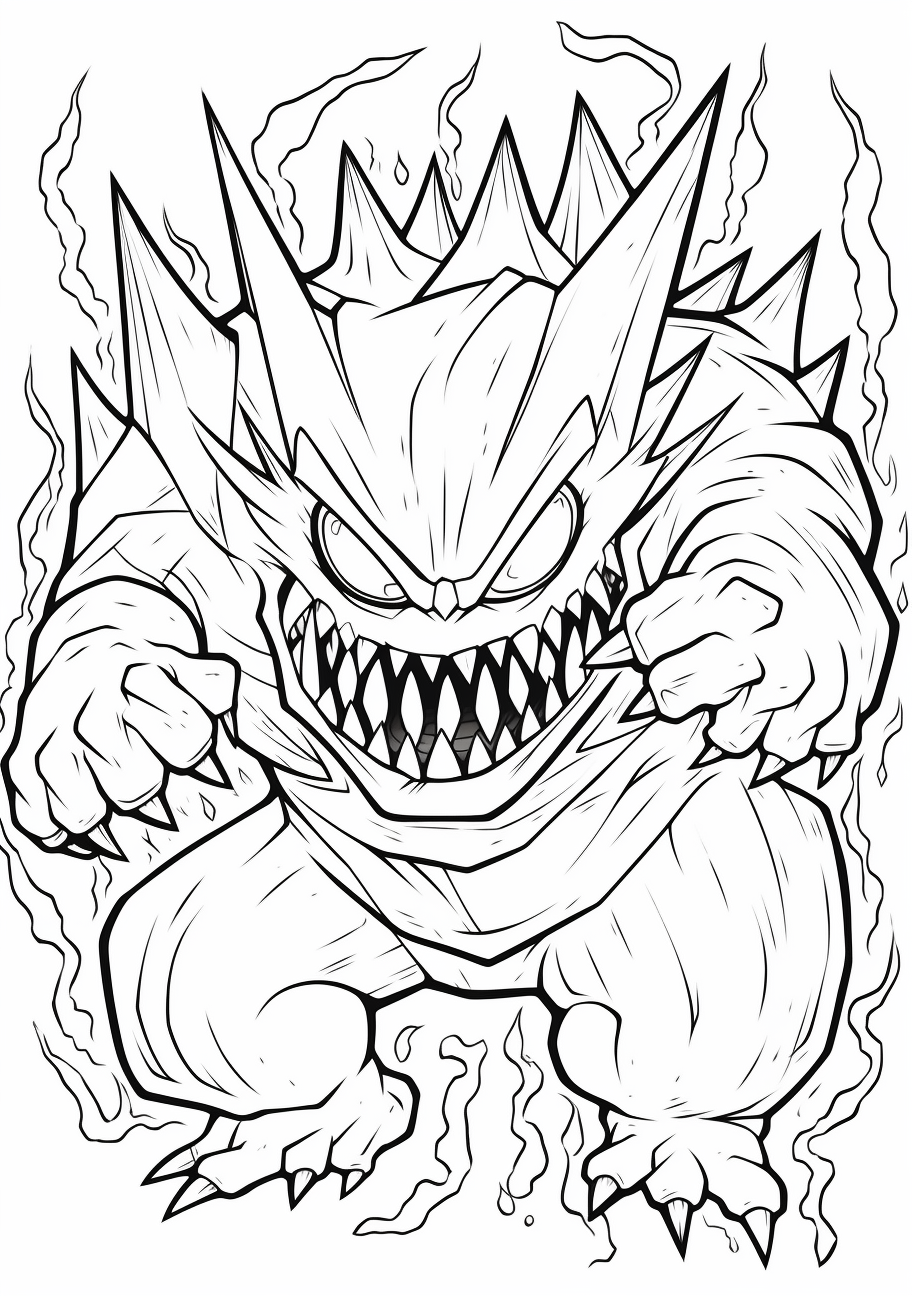 Energetic Mega Gengar scene; filled with intricate details and designs. printable coloring page, black and white, free download