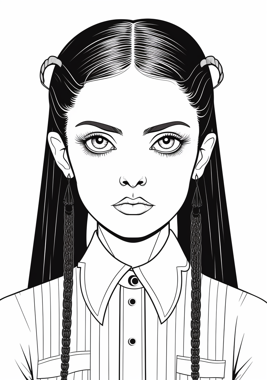 Wednesday Addams with a trendy hairstyle; Simple facial details and bold attire lines. printable coloring page, black and white, free download