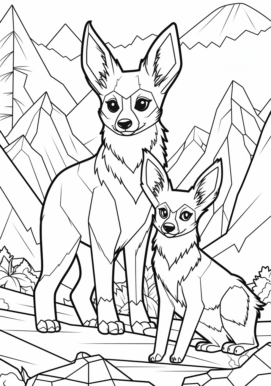 Pikachu and Eevee in playful poses; simplified shapes and expressive lines. printable coloring page, black and white, free download