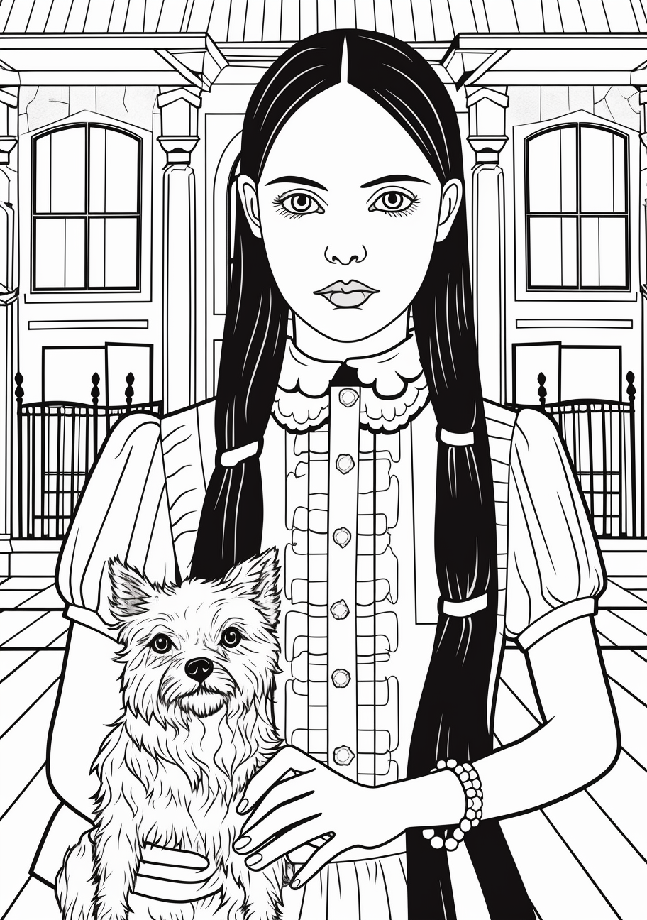 Wednesday Addams and her pet; intricate design and bold lines. printable coloring page, black and white, free download