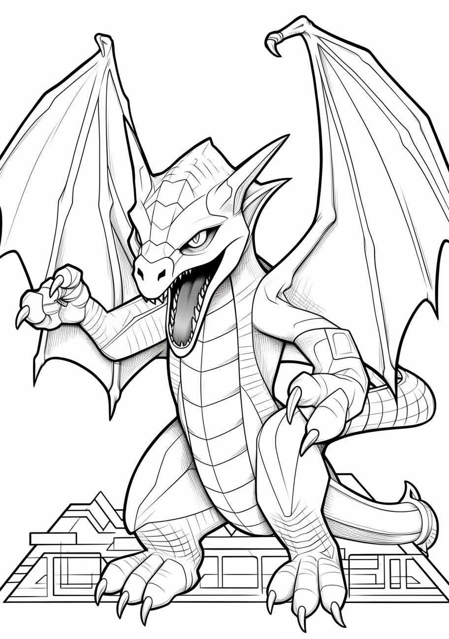 Fire type Pokemon Charizard, sketched with attention to its attributes; distinctive wings, flaming tail. printable coloring page, black and white, free download