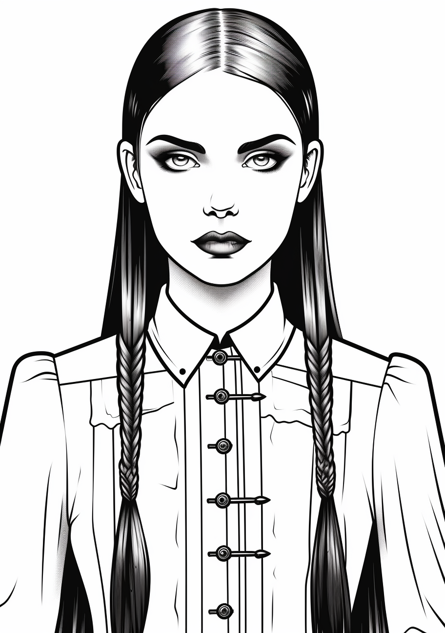Wednesday Addams in a gothic art style with detailed line work. printable coloring page, black and white, free download