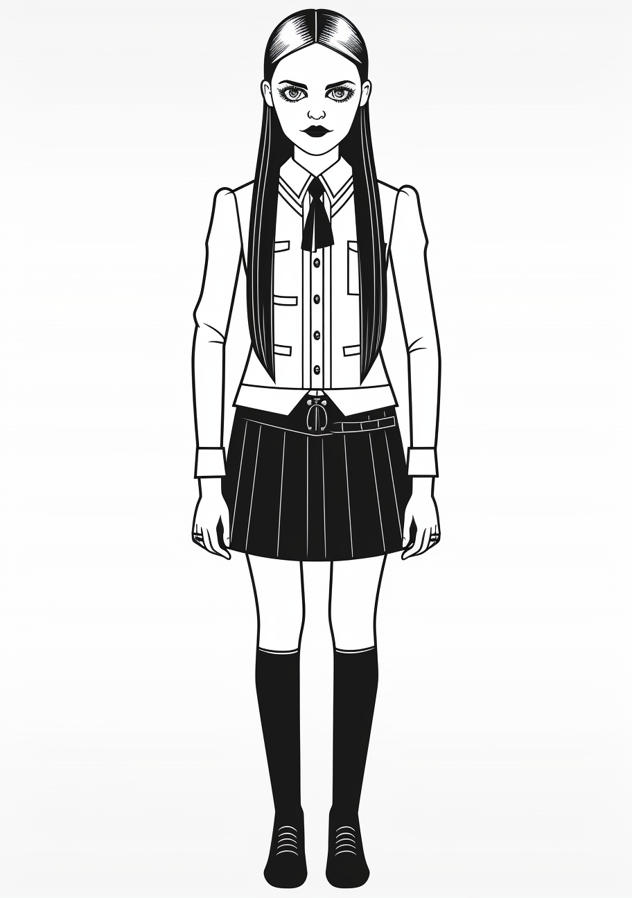 Full-length image of Wednesday Addams; clean lines and simple shapes. printable coloring page, black and white, free download