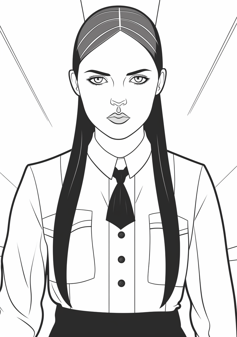 Image of Wednesday Addams sketched with detail; her iconic look cleanly portrayed. printable coloring page, black and white, free download