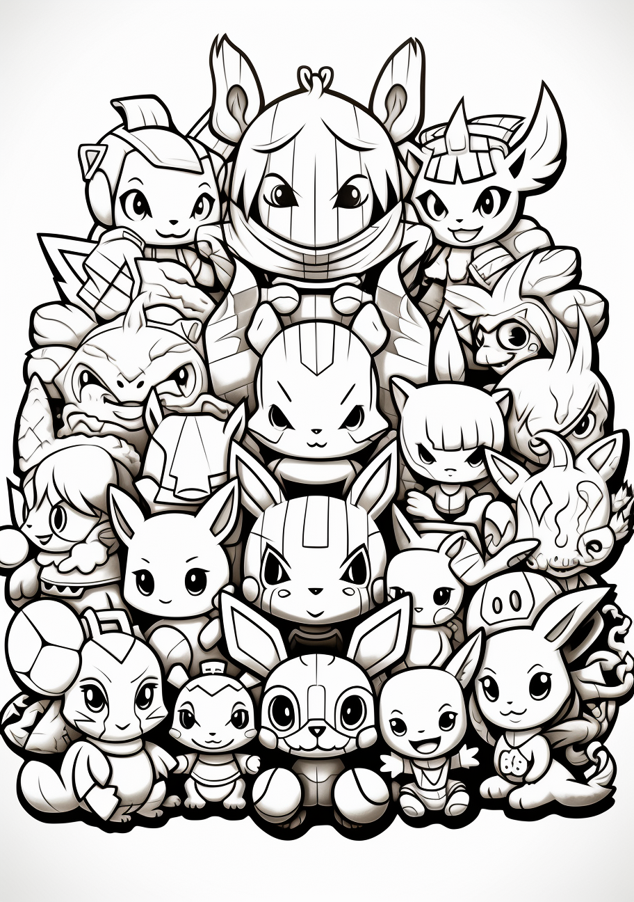 Diverse Pokemon friends in one frame; emphasis on unique shapes and characters. printable coloring page, black and white, free download