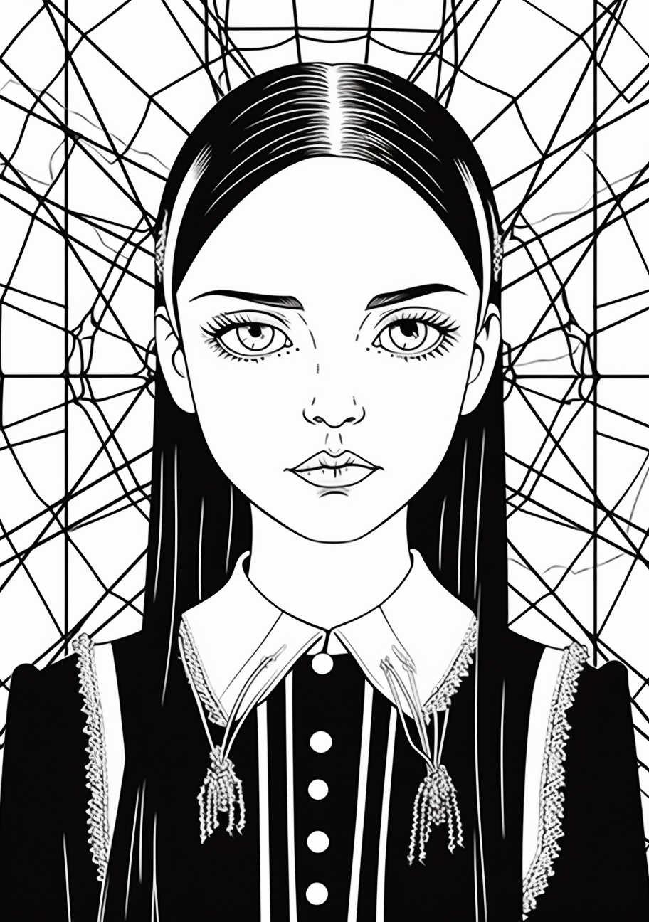 Wednesday Addams accompanied by a cat; details on Wednesday's attire, cat's fur texture and eyes. printable coloring page, black and white, free download