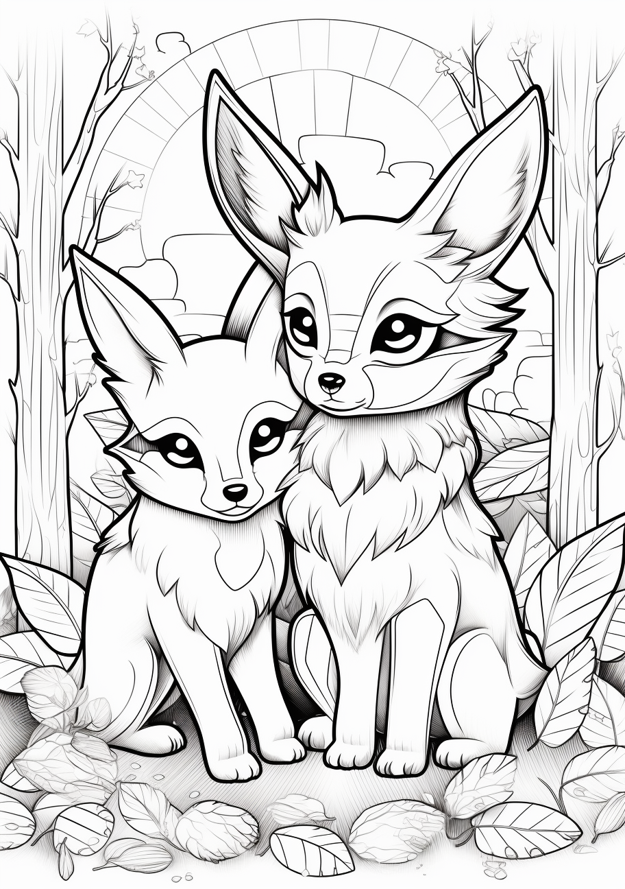 Pikachu and Eevee in a team pose; smoothed lines and detailed shapes. printable coloring page, black and white, free download