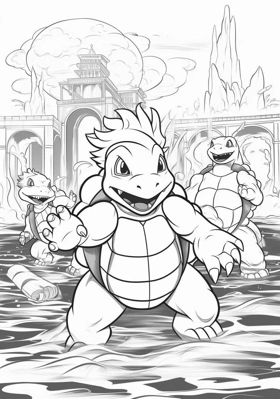 Displaying Squirtle's stage into Wartortle and its highest evolution into Blastoise; detailed shell designs. printable coloring page, black and white, free download
