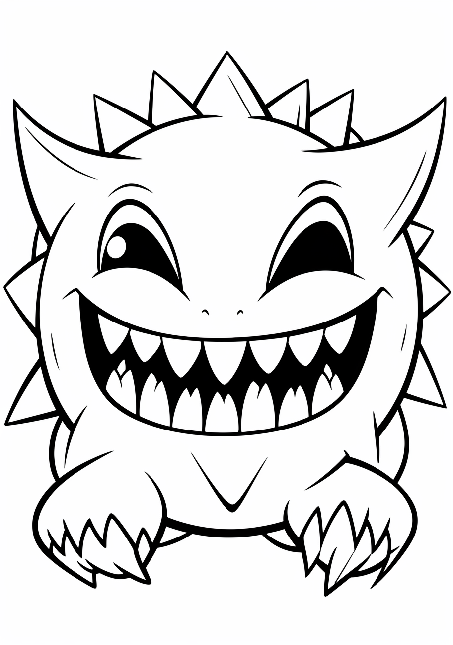 Gengar with mouth open wide, seeming to leap out of the page; simple geometry with modest detailing. printable coloring page, black and white, free download
