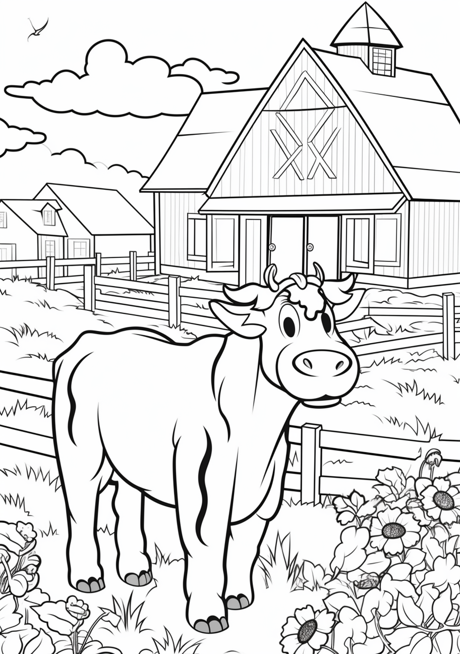 Cheerful cow with enlarged features like big eyes and smile, with farm scenery backdrop like a windmill.printable coloring page, black and white, free download