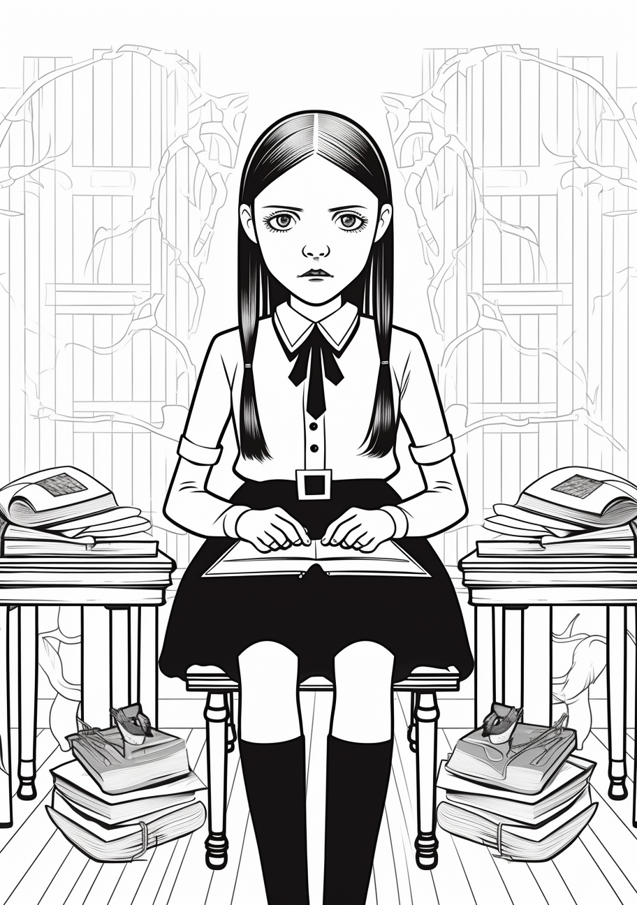 Wednesday Addams on her own, showcasing her individuality; simple, clean lines and bold shapes. printable coloring page, black and white, free download