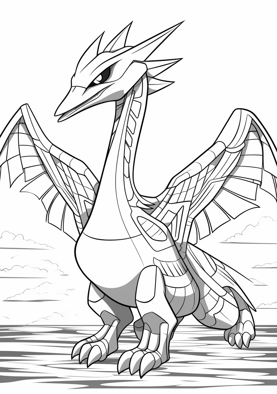 Lugia captured mid-dive, highlighting its expansive wingspan; intricate lines and shapes. printable coloring page, black and white, free download