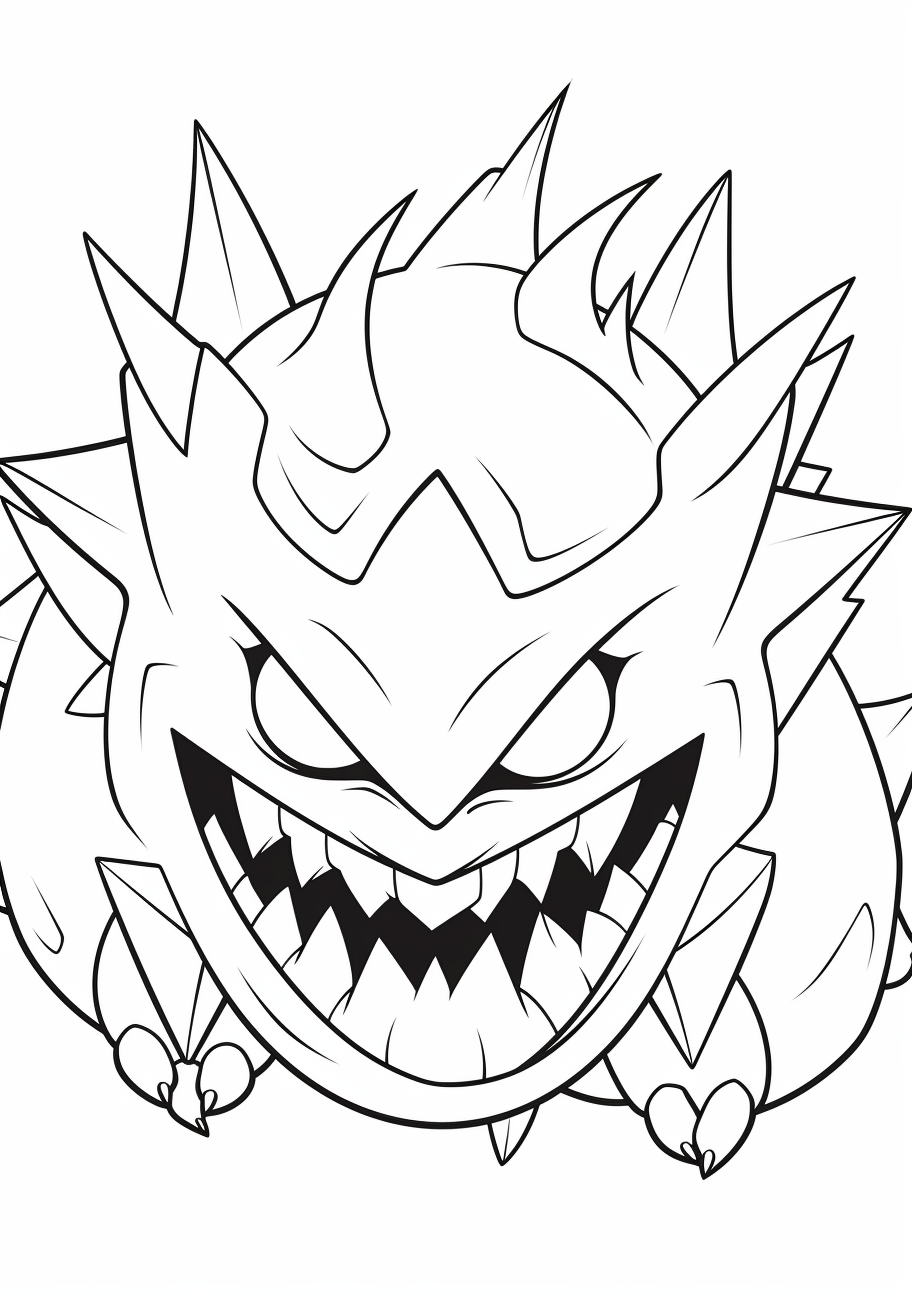 Imaginative portrayal of Mega Gengar, featuring exaggerated spikes and glaring eyes. printable coloring page, black and white, free download