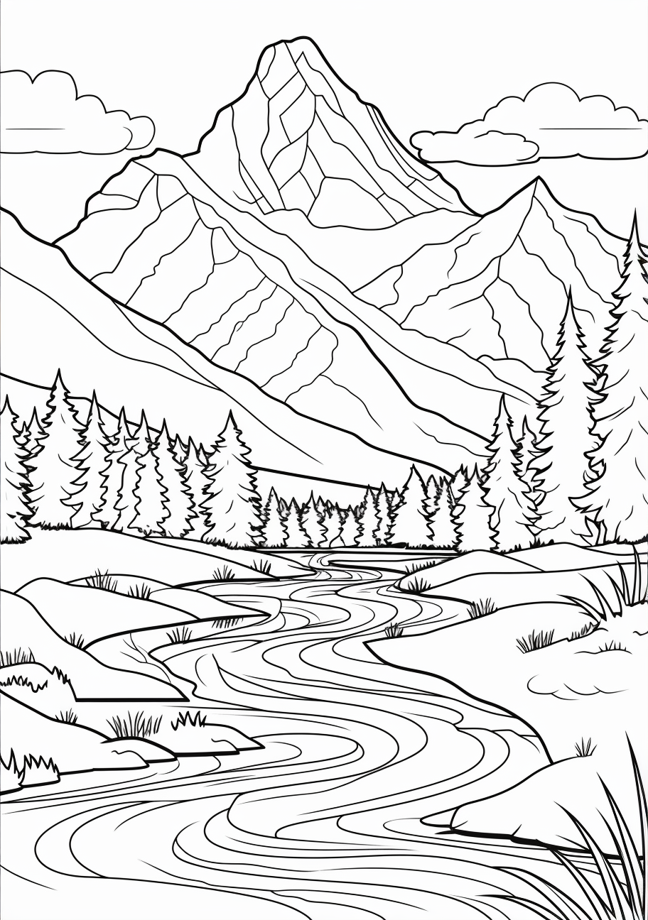 Rich detailing to capture sunlight breaking over rugged peaks with a foreground of pine trees. printable coloring page, black and white, free download