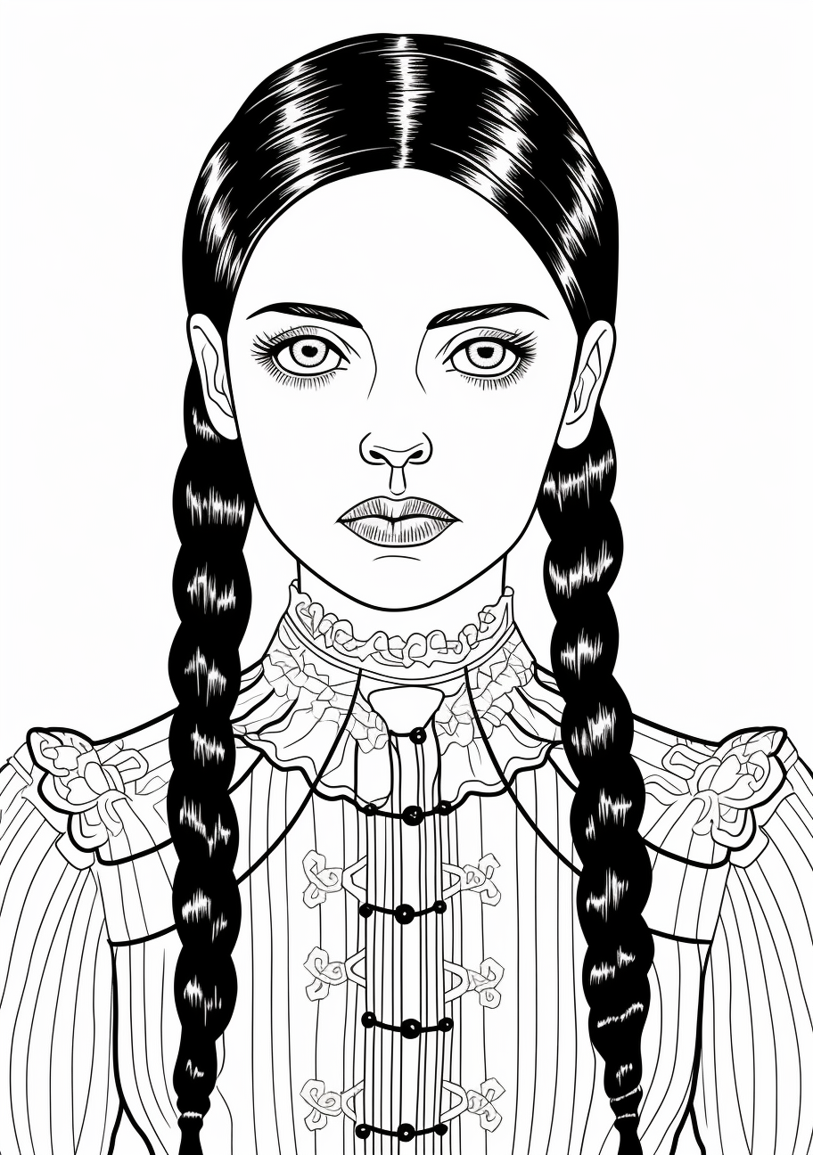 A throwback piece featuring Wednesday Addams; her traditional gothic look is accentuated by her elaborately detailed dress collar. printable coloring page, black and white, free download