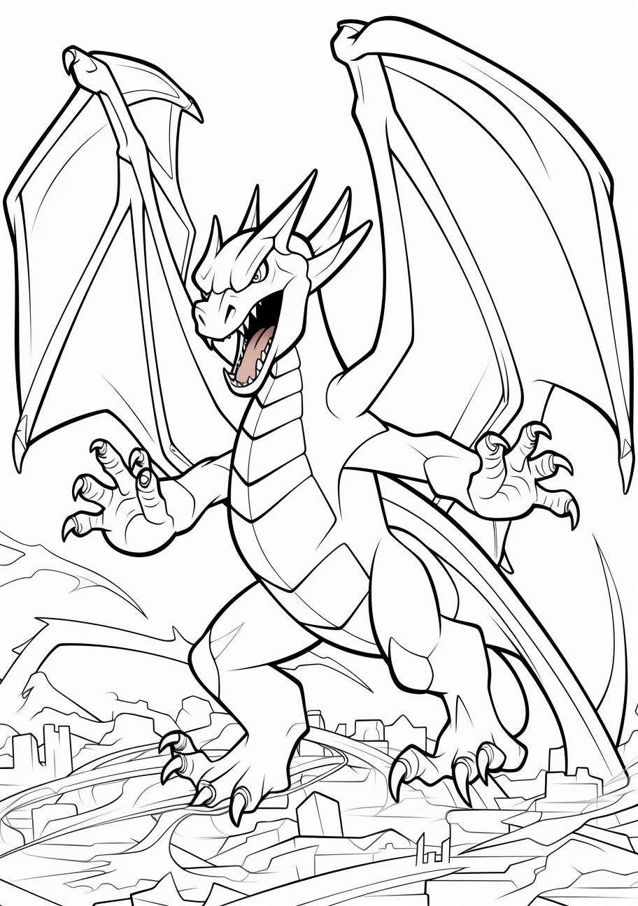 Charizard's broad wings in full display along with a backdrop of flames; detailed lines and patterns. printable coloring page, black and white, free download