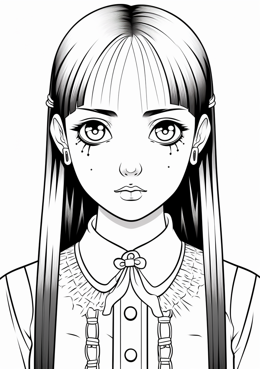 Wednesday Addams in Japanese pop style; Her eyes are larger than usual but her signature straight hair and collared dress remains. printable coloring page, black and white, free download