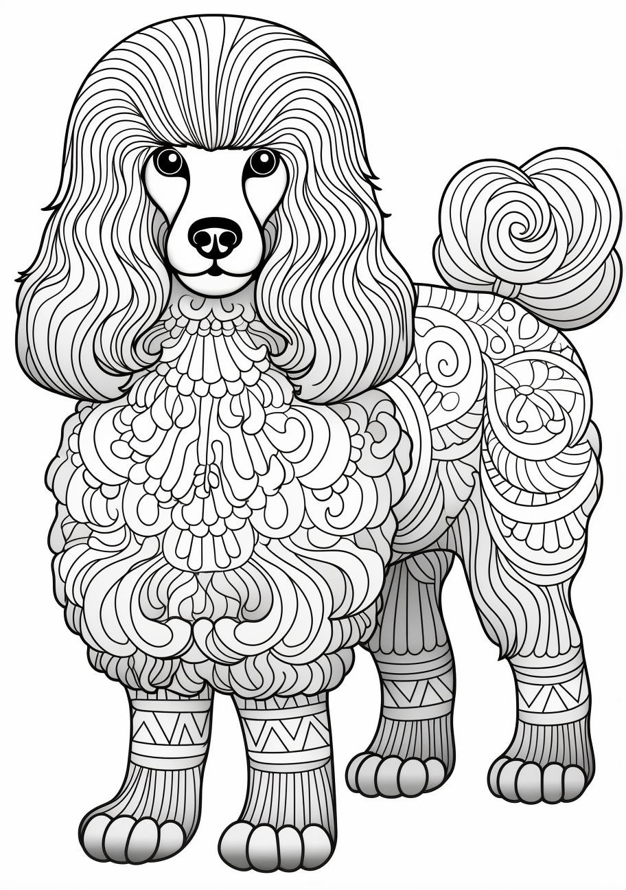 Poodle drawn with an abstract flare and swirled line art printable coloring page, black and white, free download